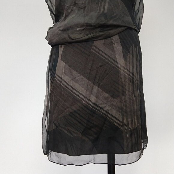 Reed Krakoff Gray Silk Dress Size 8 Blouson Chiffon Overlay Print Asymmetric - Picture 4 of 16